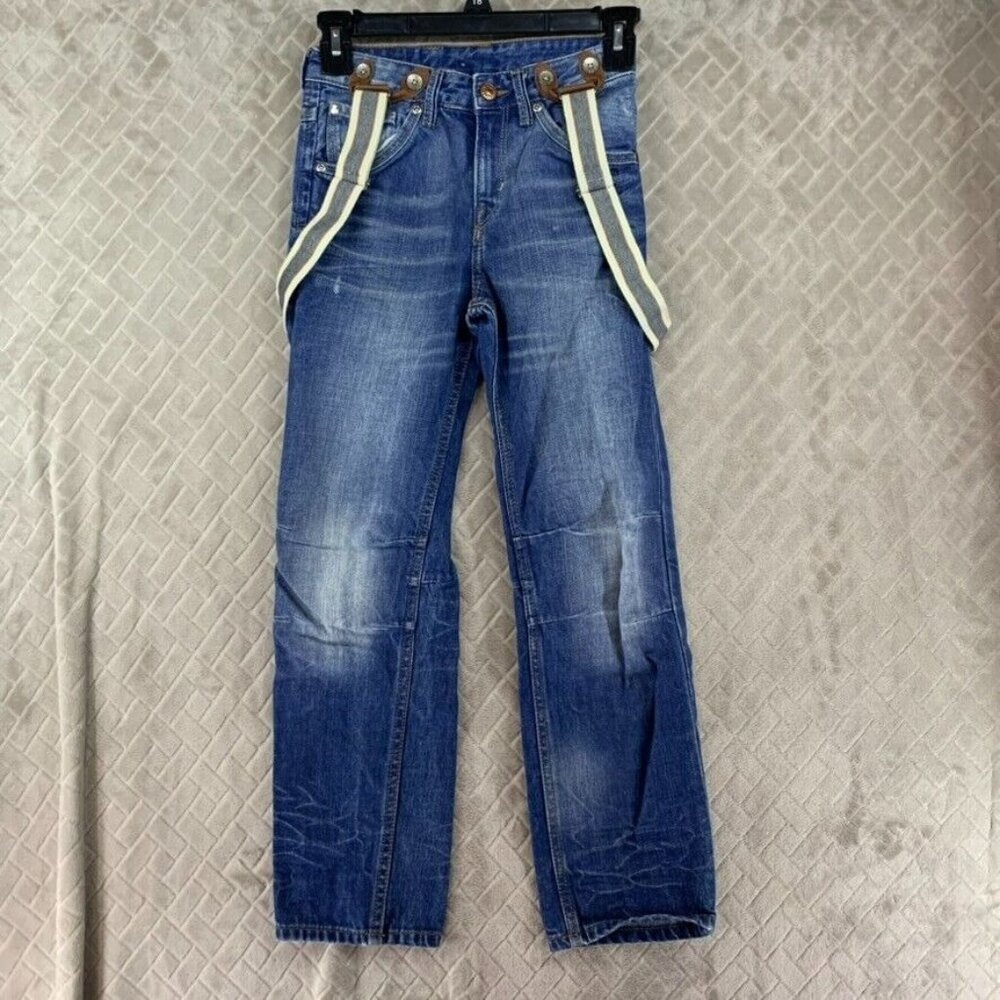 &Denim Boys 7 Denim Jeans Blue Suspenders Straight Leg Medium Wash